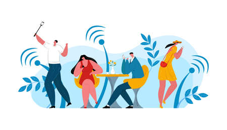 Wifi technology for people, vector illustration. Flat man woman character use smartphone with internet, mobile network communication.のイラスト素材