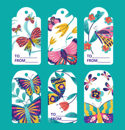 Tag design with butterfly, label set, vector illustration. Floral vintage graphic collection, spring sale element with drawn style.のイラスト素材
