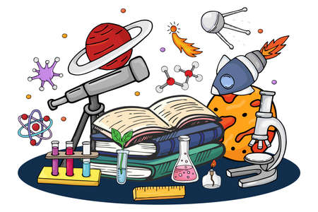 Science book about space, vector illustration. Cartoon education concept with rocket, planet, star...