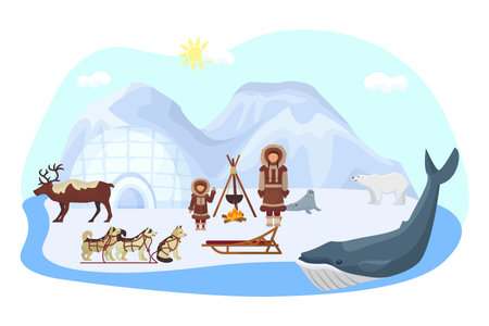 Alaska north ethnic concept, vector illustration. Arctic nature with polar bear, inuit people character in siberian clothes. Fur seal at iceのイラスト素材