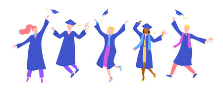 Graduation from university, isolated on white people, vector illustration. Happy man woman student character at college ceremony. Person groupのイラスト素材