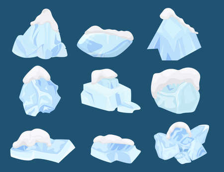 Cold ice set, winter frost , vector illustration. Crystal blue block design, freeze water collection and clean iceberg piece. Cool arctic shape, frozen glacier object, isolated on white element.のイラスト素材