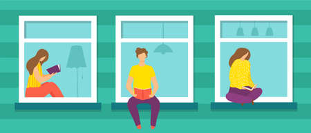 Window with person, vector illustration. Flat man woman character sit at home, indoor lifestyle design. People read book, sitting at windowsillのイラスト素材