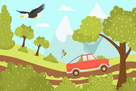 Car travel at vacation, rest in road, vector illustration. Holiday trip, tourism journey at summer landscape, nature. Cartoon vehicle transportのイラスト素材