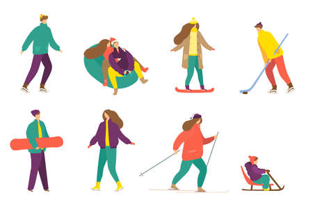 Winter activity set, isolated on white vector illustration. Man woman character skate, sledding, ski outdoor collection. People in seasonal clothesのイラスト素材