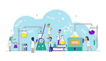 Science research concept, vector illustration, tiny line people character make experiment with dna, genetic molecule in medicine laboratory.のイラスト素材