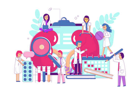 Line organ treatment in hospital, vector illustration, tiny flat doctor character cary about lungs...