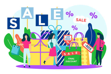Discount sale concept, vector illustration, flat retail lower price in store, tiny woman costumer people character buy gift, present and clothes.のイラスト素材