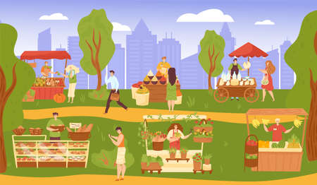 Market at street park, vector illustration, flat people man woman character buy food in shop, city business with outdoor stall design.のイラスト素材