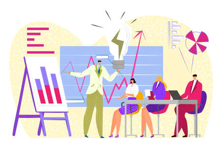 Business work meeting with graph, vector illustration, teamwork in office, flat people character sit at table, manager show chart, strategyのイラスト素材