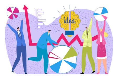 Business idea with graph, vector illustration, flat man woman character at teamwork meeting, people look at chart, brainstorming together.のイラスト素材