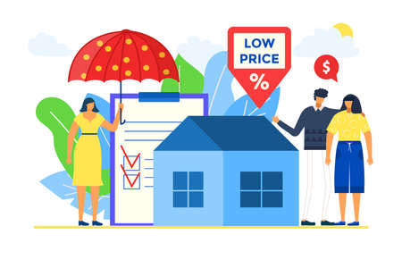 House agent sell real estate with insurance, vector illustration, property with low price for man woman character, couple buy home with mortgage.のイラスト素材