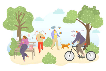 Outdoor study online, vector illustration, flat people man woman character get education in internet, studying knowledge at park nature.のイラスト素材