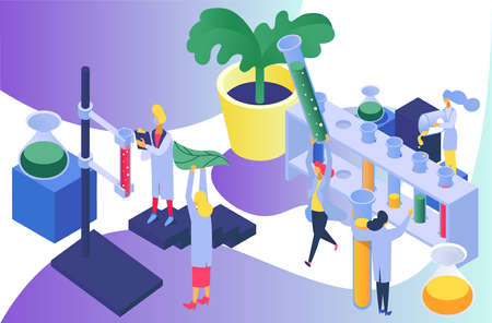 Science research with plant, vector illustration, flat tiny scientist group use test tube in...