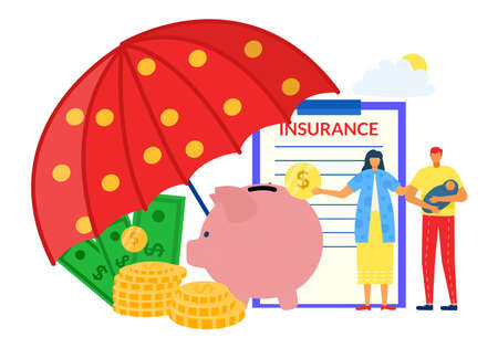 Protection money, safe finance concept, vector illustration, tiny man woman couple character with insurance document, protect coins in piggy bank.のイラスト素材