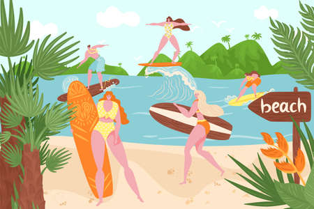Ocean beach, summer surfing in water, vector illustration, flat woman man character at surfboard, vacation sport activity at sea wave.のイラスト素材