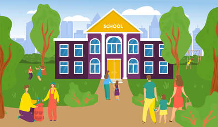 Parent character together back school with young children, urban academy city garden park flat vector illustration, knowledge day holiday.のイラスト素材