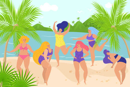 Cheerful woman character people together jump on tropical country ocean beach, body positive female group flat vector illustration.のイラスト素材