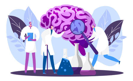Professional research associate doctor research human brain, scientific worker hold magnifying glass...