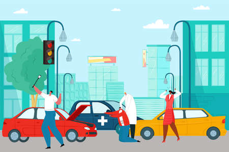Automobile accident on city road, profession medical doctor help car crash victim flat vector illustration, witness take selfie.のイラスト素材