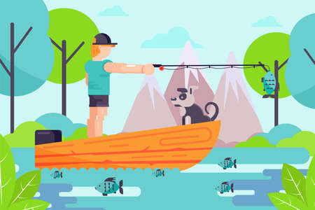 Outdoor hobby male character fisherman hold fishing rod, man with dog relax in boat flat vector illustration, nature landscape.のイラスト素材