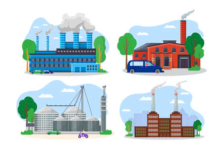 Modern factory building cityscape view, mechanical plant pipe discharge environmental pollution flat vector illustration, isolated on white.のイラスト素材