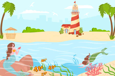 Magical mermaid sea creature swim near tropical country beach and lighthouse, ocean character nymph relax sea shore flat vector illustration.のイラスト素材