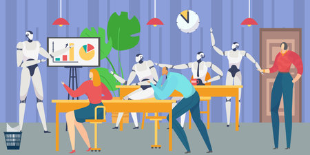 Office business employees clerk character cooperation with future digital technology artificial intelligence robot flat vector illustration.のイラスト素材
