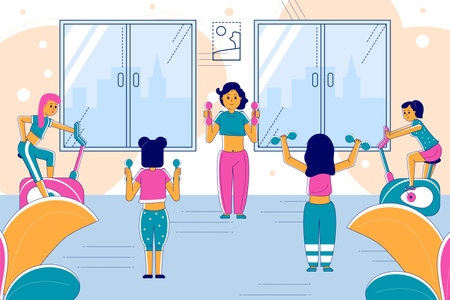 Professional woman sport fitness instructor character teach workout physical activity line flat vector illustration, woman gym club.のイラスト素材