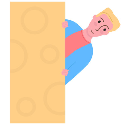 Smiling man character look around corner, male standing in frame, concept cheerful boy flat vector illustration, isolated on white.のイラスト素材