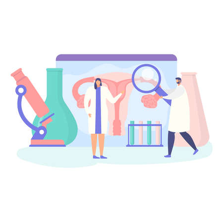 Medical pregnancy research, tiny doctor male hold magnifying glass, female gynecologist character cartoon vector illustration, isolated on white.のイラスト素材