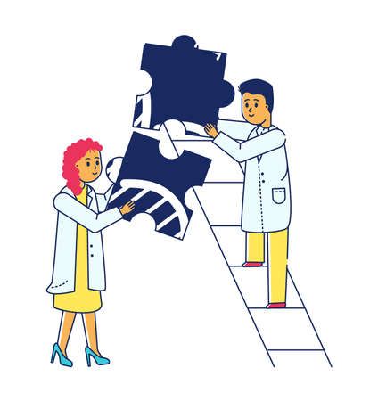 Medical analysis doctor, woman character hold puzzle deoxyribonucleic acid, scientific man line flat vector illustration, isolated on white.のイラスト素材