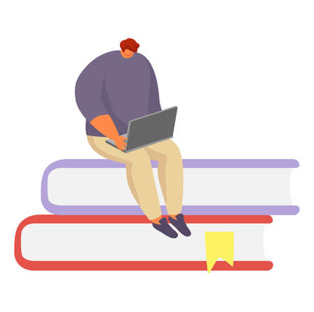 Young student male character laptop sitting book stack, concept person knowledge acquisition cartoon vector illustration, isolated on white.のイラスト素材