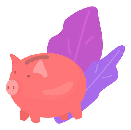 Concept red piggy bank, moneybox flower leaf background, accumulation money cartoon vector illustration, isolated on white.のイラスト素材
