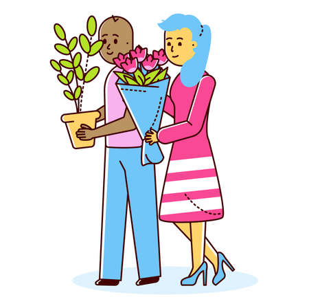 Internationality modern family couple, female hold bouquet flower and male carry home pot plants line flat vector illustration, isolated on white.のイラスト素材