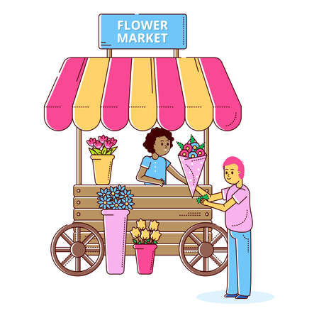 Concept flower market shop, woman hold floret bouquet and sell bunch blossom to male character line flat vector illustration, isolated on white.のイラスト素材