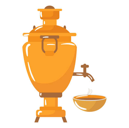 Historical ancient old russian samovar, slavic gold teakettle, hot tea ceremony cartoon vector illustration, isolated on white.のイラスト素材