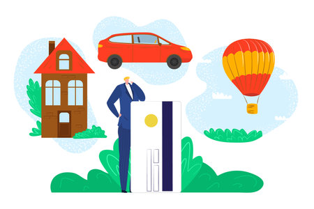 Business credit card with finance money for man character concept, vector illustration. Bank payment for travel, car and house icon design.のイラスト素材