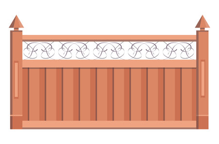 Wooden protect gates with metal plating, protective timber entrance gateway fence flat vector illustration, isolated on white.のイラスト素材
