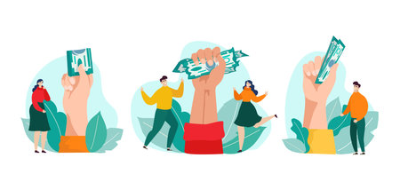 Money in hand concept set, vector illustration. Man woman people character around business finance,...