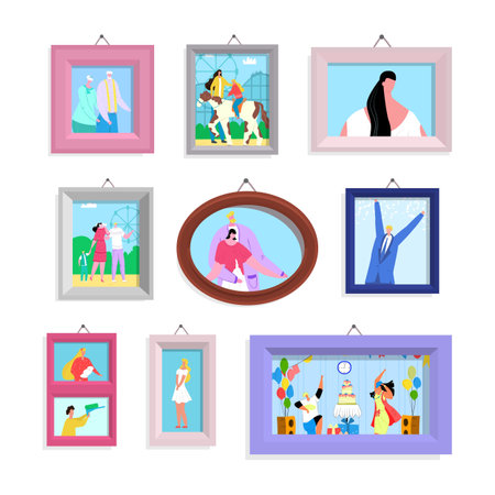 Photo picture in frame set, vector illustration. Family people character portrait at wall, happy man woman cartoon gallery. Mother father childrenのイラスト素材