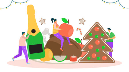 Happy holiday, vector illustration. Christmas celebration for cartoon people man woman character, festive new year party. Flat person group celebrateのイラスト素材