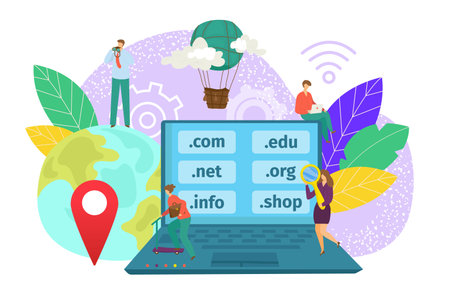 Domain web name registration concept, website hosting icons in laptop and network people, vector illustration. SEo, internet technology.のイラスト素材