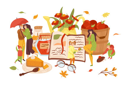 Autumn, fall season vector illustration set, composition. Family walks in autumnal park with umbrellas, harvest and fall flowers, leaves.のイラスト素材