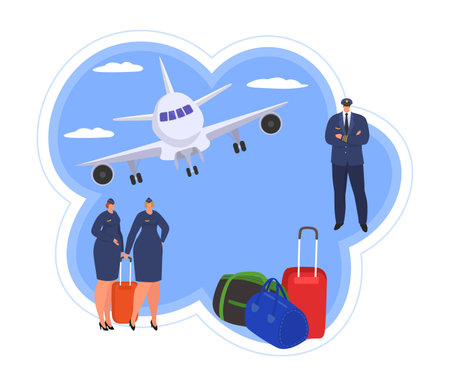 Travel at plane, people in journey concept vector illustration. Vacation tourism by airplane background, flight transportation design.のイラスト素材