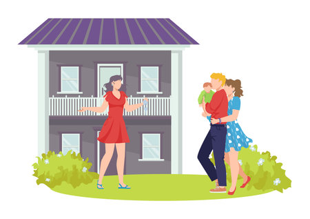 Buying property house real estate to young family vector illustration. Happy clients have bought house and receive keys to habitation. Successful business transactionのイラスト素材