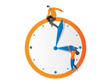Business people run for time, interaction with deadline clock concept vector illustration. Infographic time management teamwork, isolated on whiteのイラスト素材