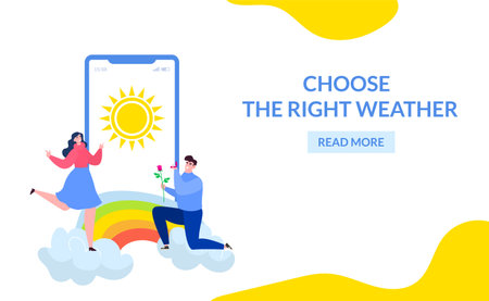 Weather app at flat website page, vector illustration. Season mobile application, cartoon landing banner. Man woman people character use mobileのイラスト素材