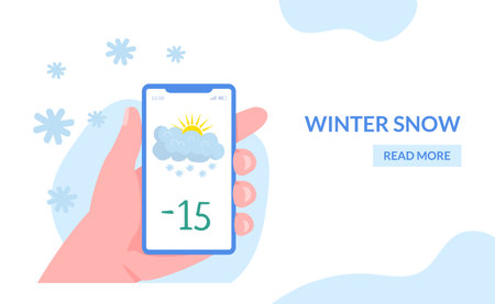 Weather app at flat website page, vector illustration. Season mobile application, cartoon landing banner. Man woman people character use mobileのイラスト素材