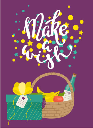 Happy Birthday card, fun event, vector illustration. Party invitation, postcard design, vintage elements, confetti. Banner with decorative ornament.のイラスト素材